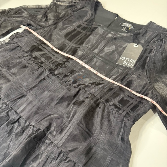 NWT COTTON BLEU SHEER FLOWY TIERED PLAID PRINT BLACK DRESS TOP CUFF SLEEVES SZ M - Picture 8 of 11